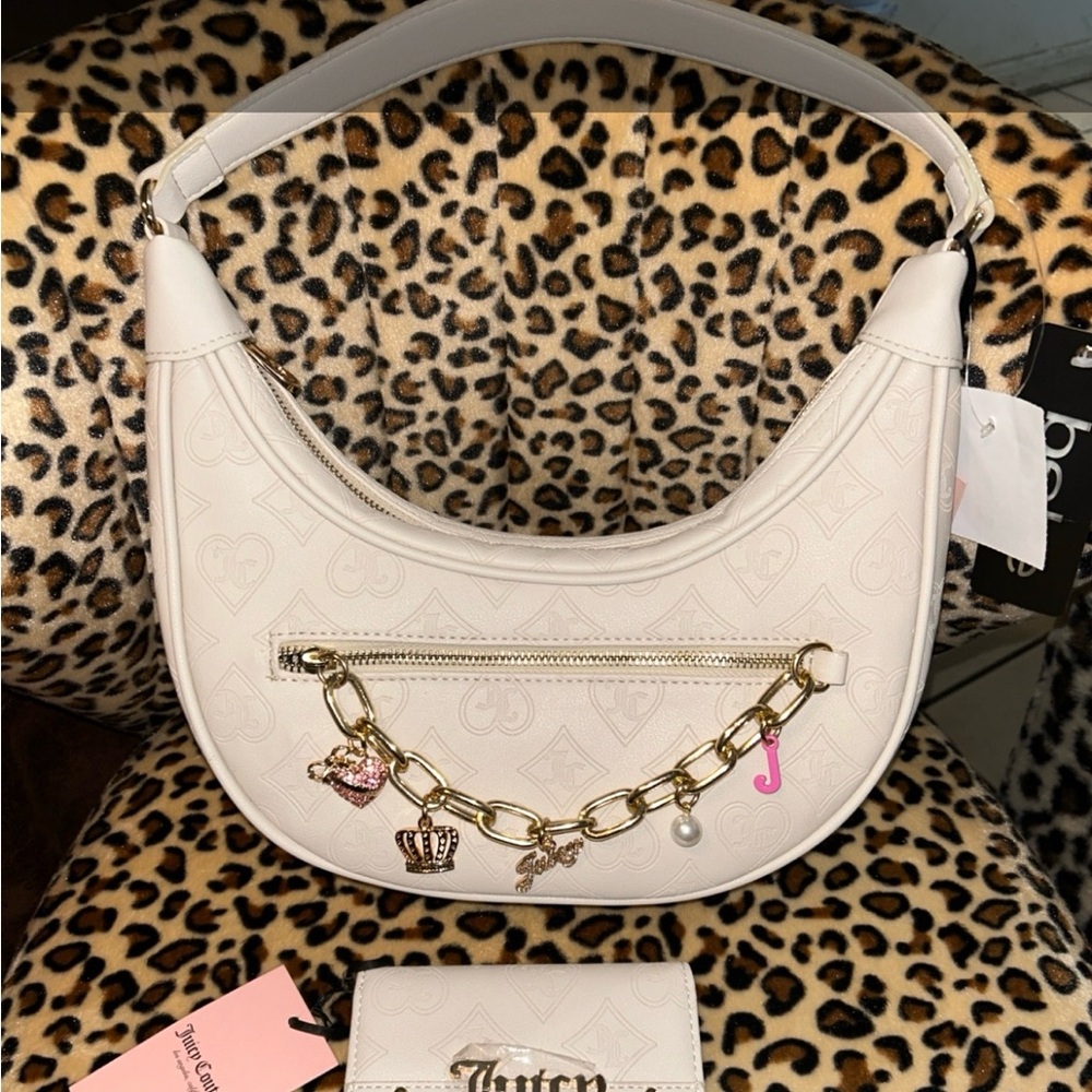 Juicy Couture Gold and White Shoulder Bag with Hobo Silhouette